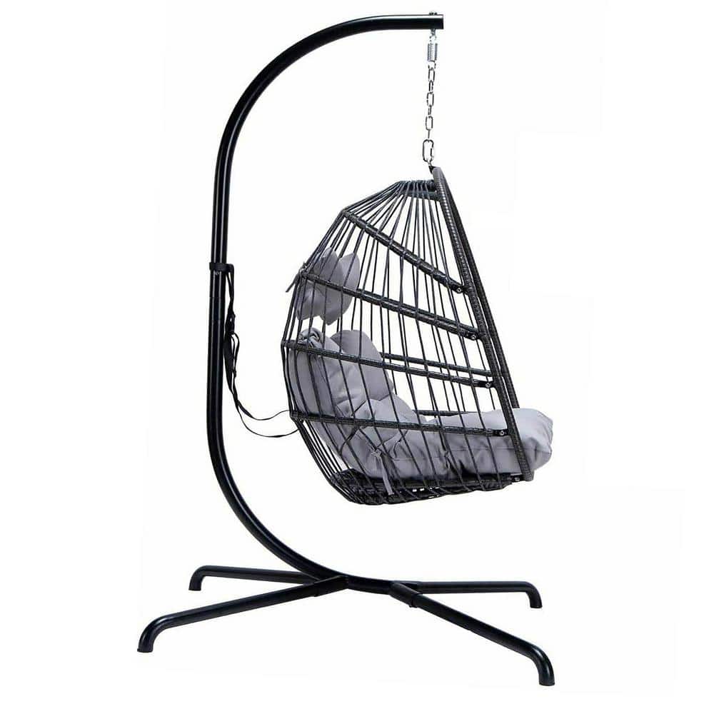 Outdoor Indoor Wicker Swing C Type Bracket Egg Chair with Gray Cushion