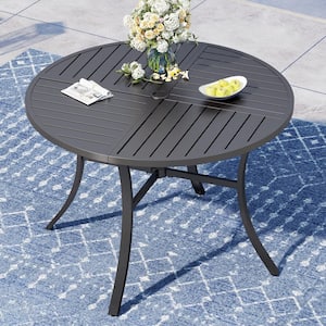 54 in. Black Round Metal Outdoor Dining Table with Umbrella Hole