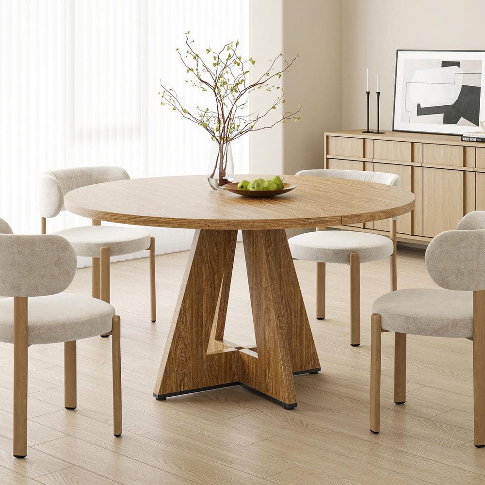 Clihome Modern Brown Wood 47 in Round Dining Table with Metal Pedestal ...
