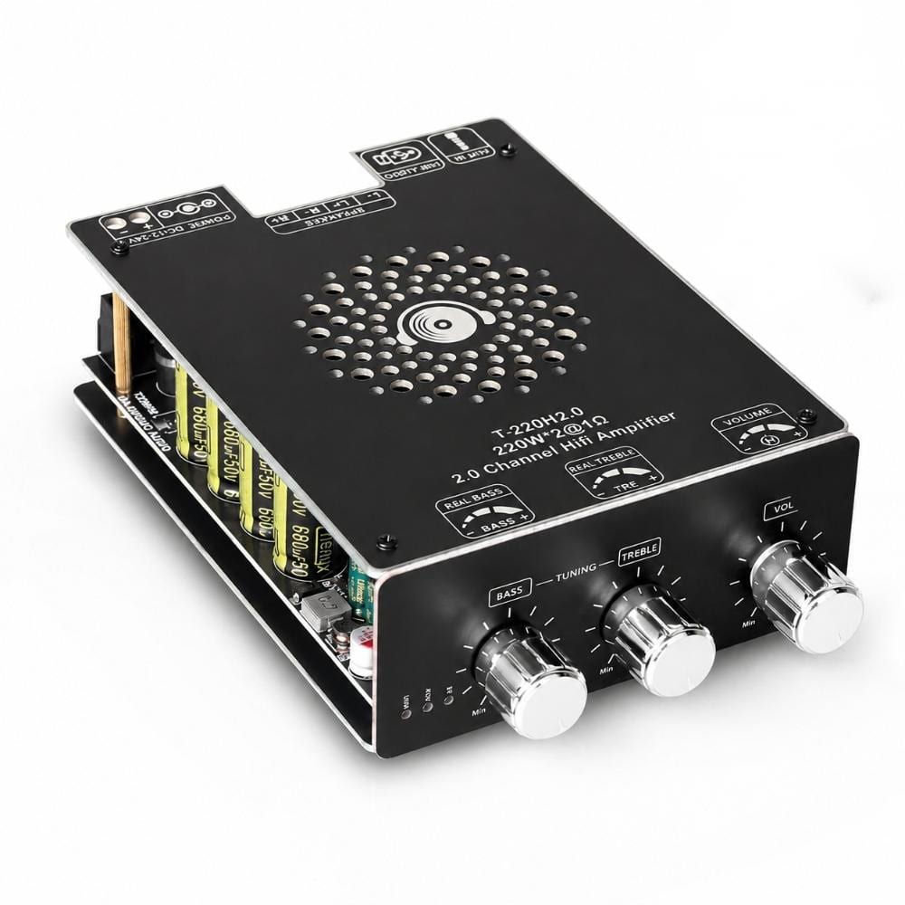 440W Stereo Audio Mixer Board with Treble and Bass Control Bluetooth 5.2 and AUX Inputs in Black Single Pack