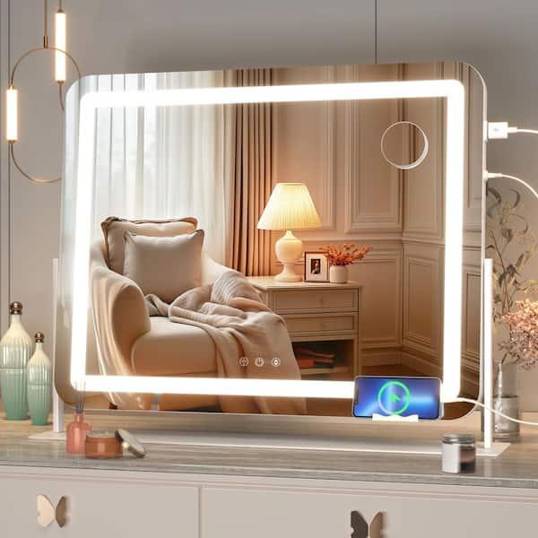 Vosuja 24.2 in. W x 18.9 in. H Rectangle White Frame LED Makeup Mirror, 10X Magnification, USB Charging Port, 360° Rotation