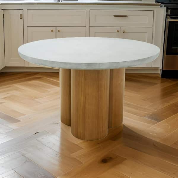 Benjara Cid Ziv Gray and Brown Concrete Round 47.2 in. Pedestal Base Dining Table Seats 4