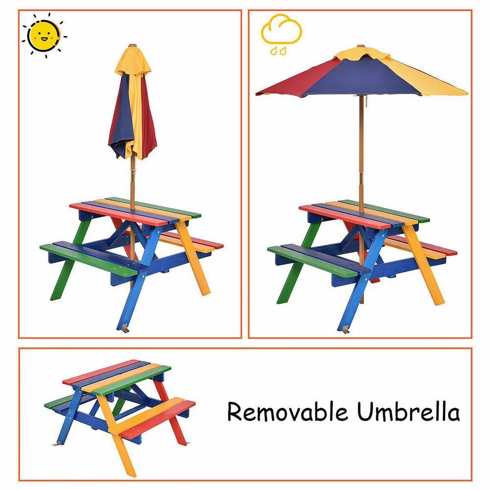 Rainbow Wood Kids Picnic Table with Umbrella, 4 Seats