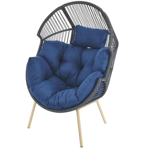Patio Wicker Indoor/Outdoor Egg Lounge Chair with Blue Cushions