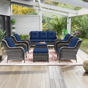 7-Piece Wicker Outdoor Patio Conversation Lounge Chair Sofa Set with Blue Cushions and Ottomans