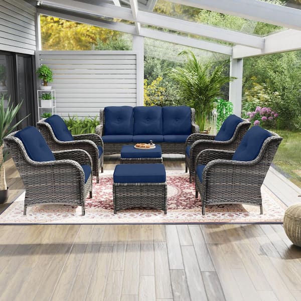 Gardenbee 7-Piece Wicker Outdoor Patio Conversation Lounge Chair Sofa Set with Blue Cushions and Ottomans