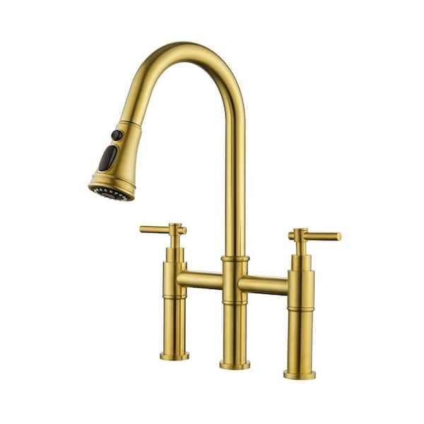 WELLFOR Double Handle Bridge Kitchen Faucet with Pull down Sprayhead in Brushed Gold
