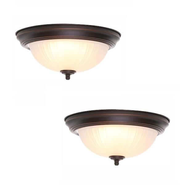 Commercial Electric 11 in. 100-Watt Equivalent Oil-Rubbed Bronze Integrated LED Flush Mount with Frosted Glass Shade (2-Pack)