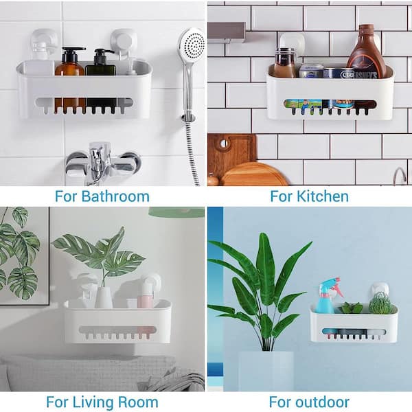 Adhesive Bathroom Shelf, Stick on Bathroom Kitchen Storage Organizer, Suction Shower Shelf Wall Caddy with Phone Holder No Drilling, White