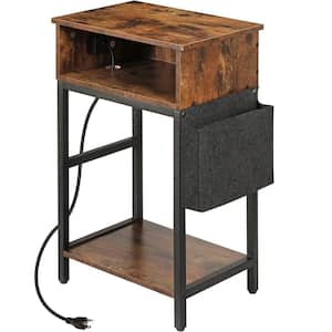 15.7 in. Rustic Brown Narrow Side Table with Storage Bag End Table, Drawer and USB Ports and Power Outlets Nightstand