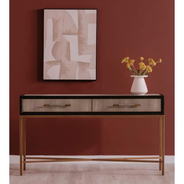 Vaughn 59 in. Gray Rectangle Solid Black Oak Wood Console Table with Shagreen-Patterned Polyurethane, 2-Drawers