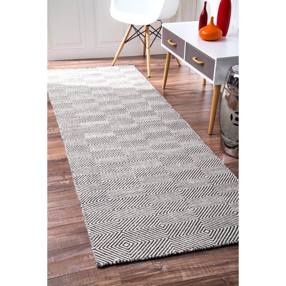 Ivory Geometric Flat Woven Wool Runner Rug
