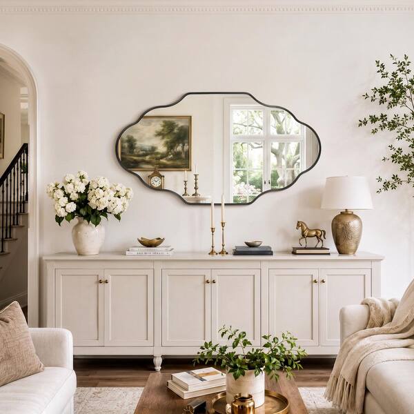24 in. W x 36 in. H Scalloped Black Aluminum Alloy Framed Wall Mirror Irregular Decorative Wall Mirror