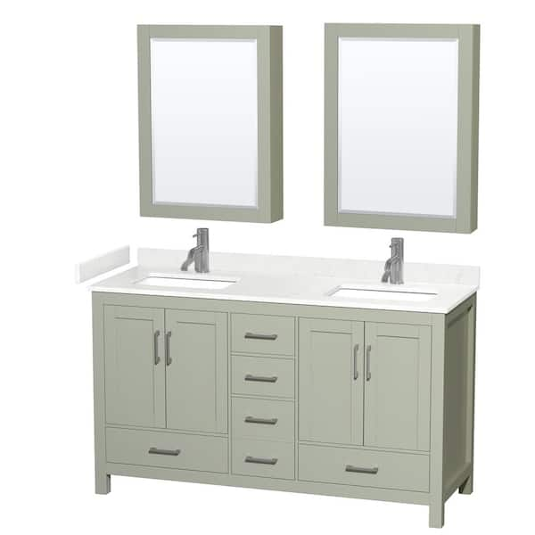 Wyndham Collection Sheffield 60 in. W x 22 in. D x 35 in. H Double Bath Vanity in Light Green with Carrara Cultured Marble Top , MC Mirrors