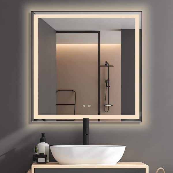 NTQ 36 in. W x 36 in. H LED Medium Square Framed Anti-Fog Touch Sencer Wall Mounted Lighted Bathroom Vanity Mirror in Black