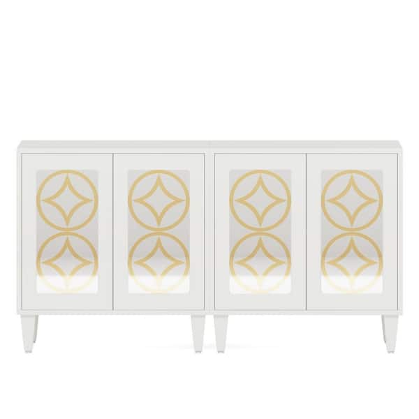 TRIBESIGNS WAY TO ORIGIN Alan White Wood 59 in. Sideboard Cabinet with Mirrored Doors and 2-Tier Storage Shelves