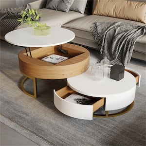 31.5 in. L White and Brown Round Lift Top Wood Coffee Table with Rotatable Drawers and Storage