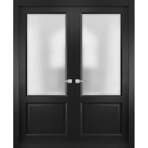 Sartodoors 72 in. x 96 in. 2 Panel Black Matte Finished Solid Wood Sliding Door with Hardware