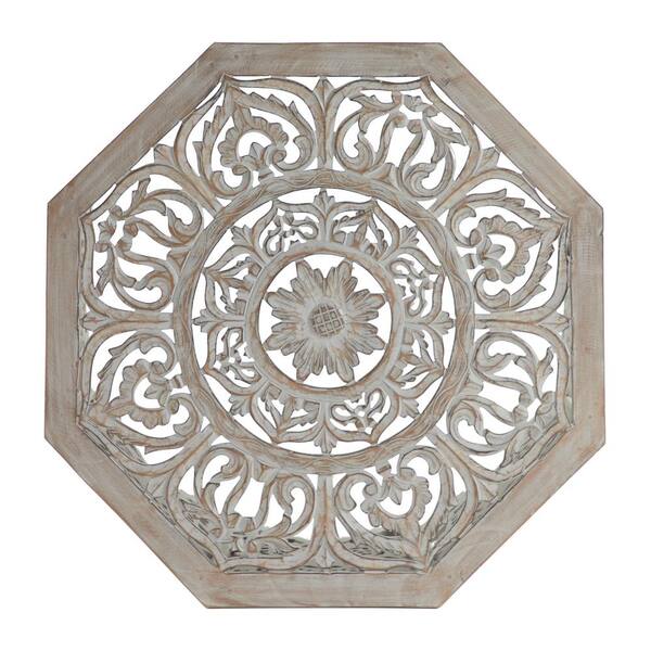 Octagon Wood Eclectic Coffee Table, Gray Washed Decorative Carved Wood Coffee Table