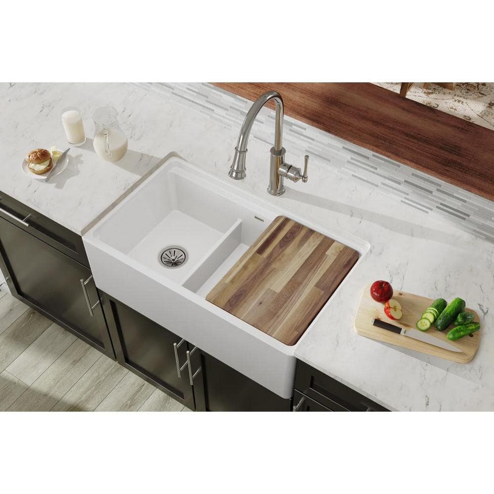 33" White Fireclay Double Bowl Farmhouse Kitchen Sink