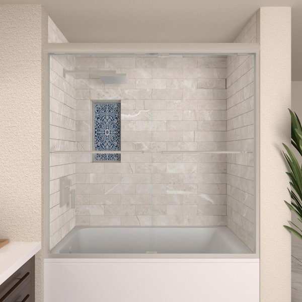 TaiMei 60 in. W x 56 in. H Sliding Semi Frameless Tub Door in Brushed Nickel Finish with Clear Glass