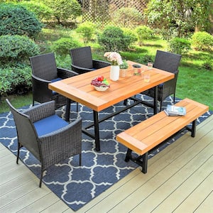 Black 6-Piece Metal Patio Acacia Wood Outdoor Dining Set with Rectangular Table, 4 Rattan Chairs and Long Bench