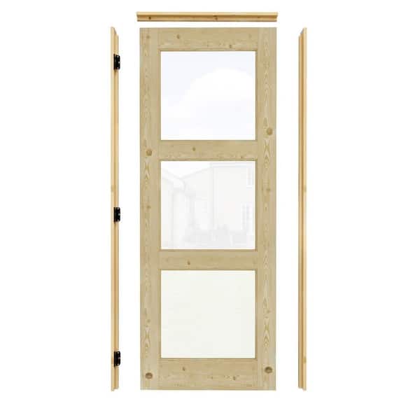 ARK DESIGN 30 in. x 80 in. Left-Handed 3-Lite Clear Glass Unfinished Pine Wood Prehung Front Door with Quick Assemble Jamb
