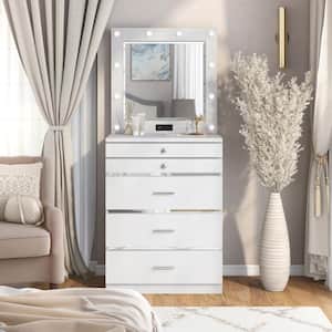 Solvang 5-Drawer High Gloss White Chest of Drawers Set with Mirror (68.5 in H. x 29.5 in W. x 19 in D.)