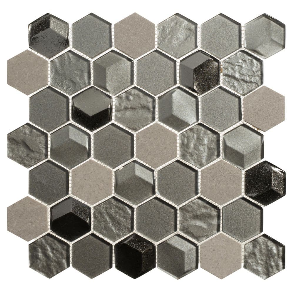 Xen Graff Black/Gray 5 in. x 6.5 in. Hexagon Smooth Glass and Stone Mosaic 