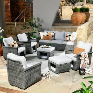Sierra Black 7-Piece Wicker Multi-Functional Pet Friendly Outdoor Patio Conversation Sofa Set with Light Grey Cushions