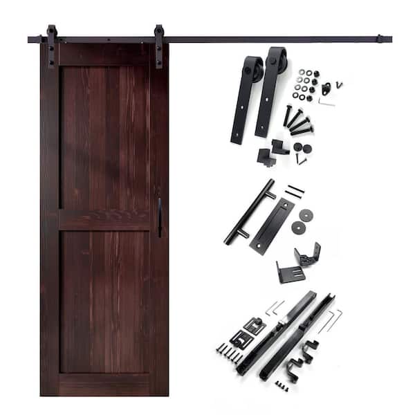 HOMACER 24 in. x 96 in. H-Frame Red Mahogany Solid Pine Wood Interior Sliding Barn Door with Hardware Kit, Non-Bypass