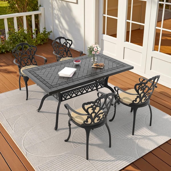Lily Black 5-Piece Cast Aluminum Outdoor Dining Set with Rectangle Table and Dining Chairs with Off-white Cushion