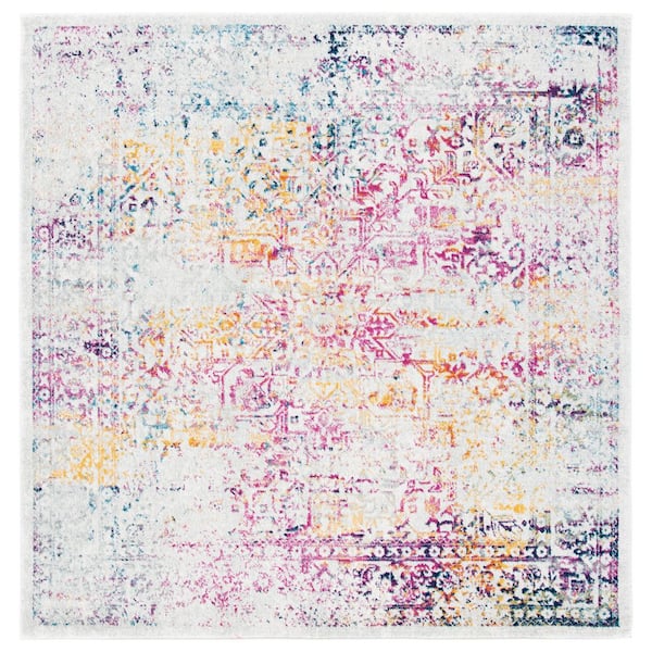 SAFAVIEH Evoke Ivory/Fuchsia 7 ft. x 7 ft. Distressed Border Medallion Square Area Rug