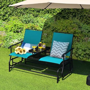 1-Piece Metal Patio Conversation Rocking Loveseat with Turquoise Mesh Fabric and Center Tempered Glass Table