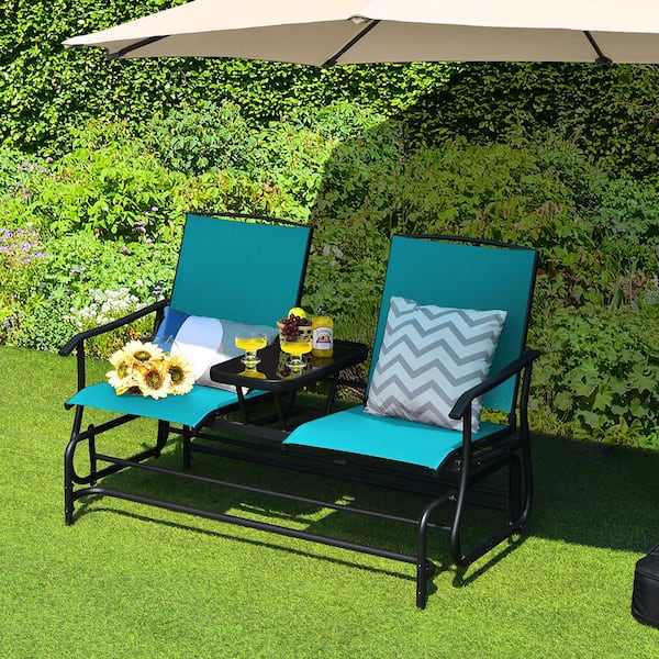 SUNRINX 1-Piece Metal Patio Conversation Rocking Loveseat with Turquoise Mesh Fabric and Center Tempered Glass Table