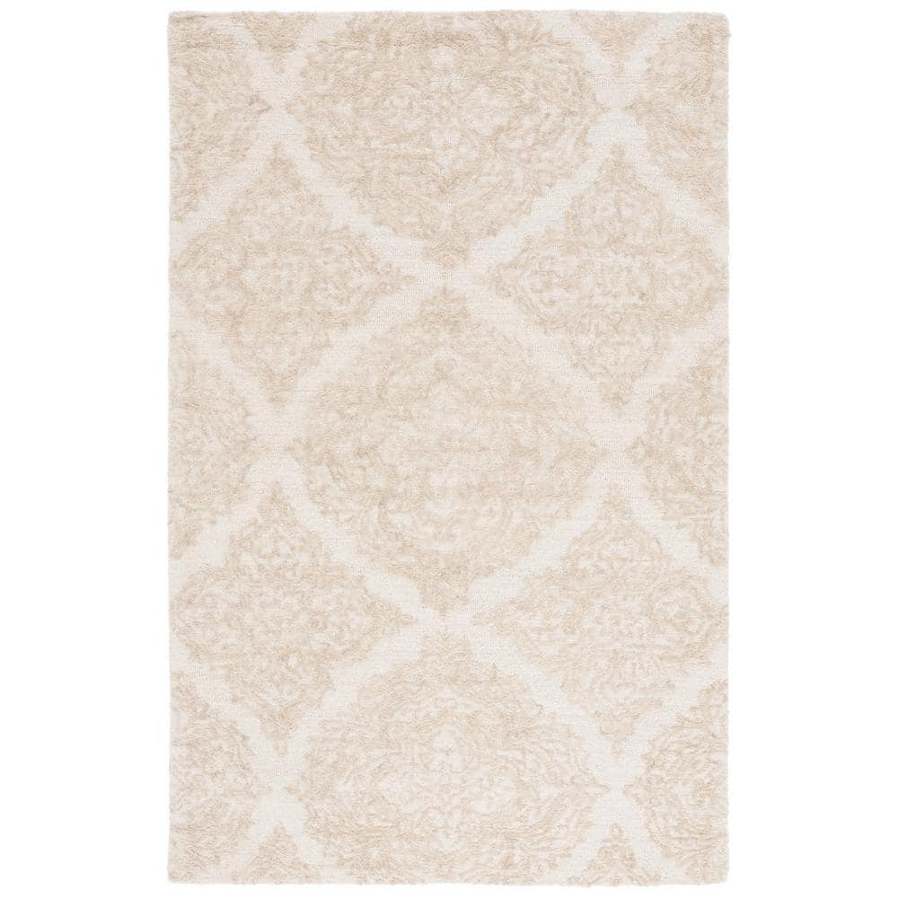 Ivory and Beige Hand Tufted Wool Trellis Rectangular Rug