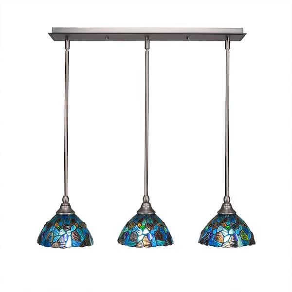 Unbranded Livingston 100-Watt 3 Light Nickel, Linear Pendant Light with 7 in. Blue Mosaic Art Glass Shade, No Bulbs Included