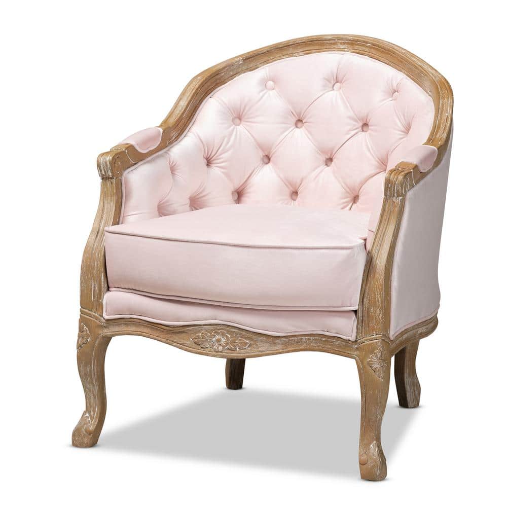 Genevieve White Velvet and Oak Wood Accent Chair