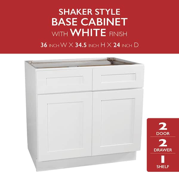 Brookings Solid Wood Ready to Assemble Shaker 36 in. x 34.5 in. x 24 in. 2Door 2Drawer Base Kitchen Cabinet B36 in White