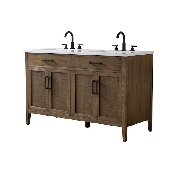 Cove 54 in. W Bath Vanity in Antique Brown with Engineered Stone Top in Carrara White with White Sinks