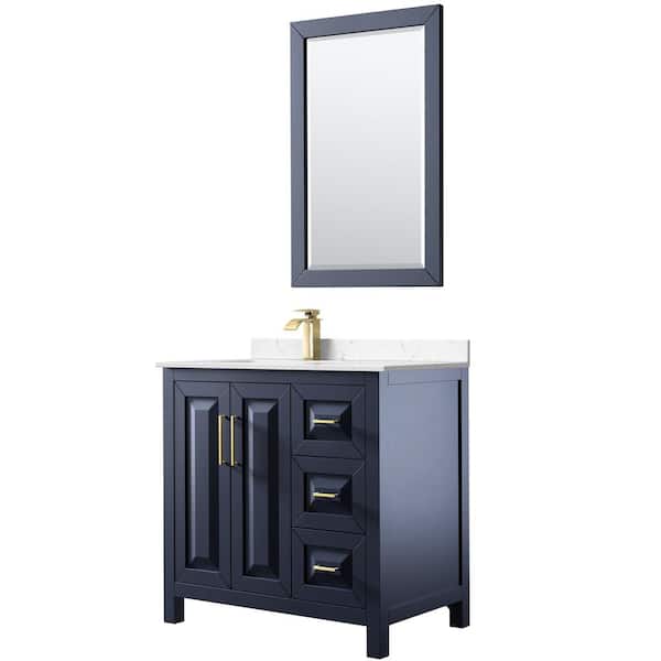 Wyndham Collection Daria 36 in. W x 22 in. D x 35.75 in. H 1-Bath Vanity in Dark Blue with Carrara Cultured Marble Top and 24 in. Mirror