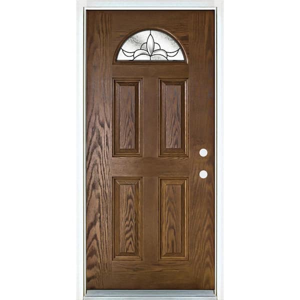 MP Doors 32 in. x 80 in. Left Hand Inswing 1/4 Fan Light Andaman Decor Glass Medium Oak Stained Fiberglass Prehung Front Door