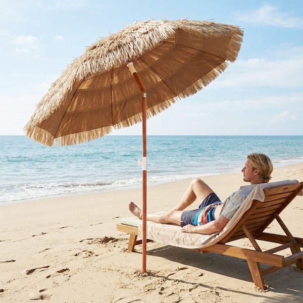 6' tiki tilt patio umbrella Clihome 6 ft. Thatched Tiki Patio Umbrella in Natural, Push-Button Tilt, Lightweight with Carry Bag