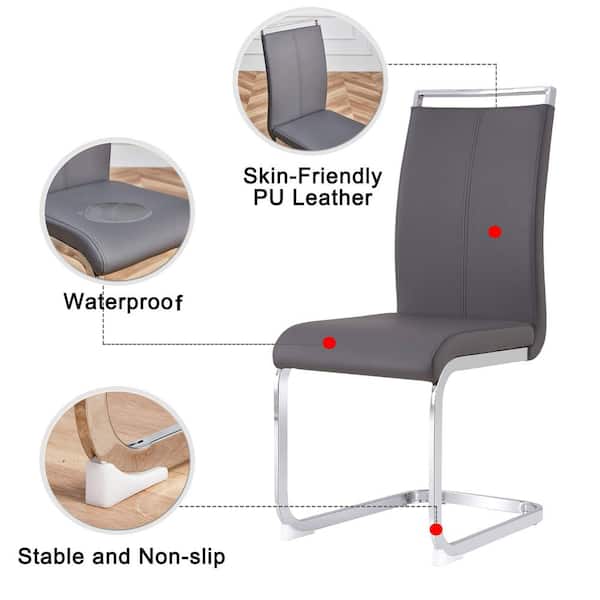Modern Gray PU Leather High Back Upholstered Side Chair, Dining Chair with C-shaped Tube Black Silver Legs (Set of 4)