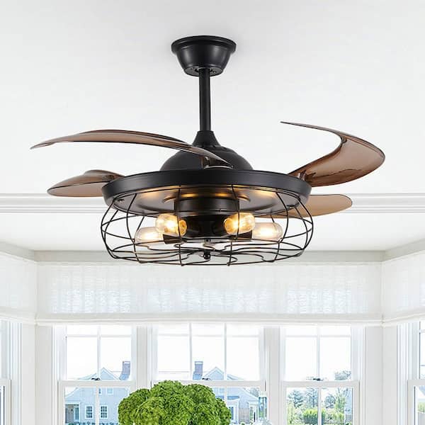 48 in. 5-Light Vintage Indoor Matte Black Retractable Caged Ceiling fan with Light, Remote, 6-Speeds, Silent