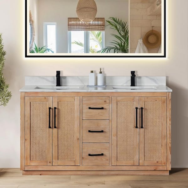 Floral 60 in. W x 22 in. D x 33 in. H Double Sink Freestanding Bath Vanity in Brown with Calacatta White Quartz Top