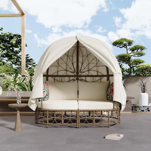 Natural Wicker Outdoor Day Bed with Unique Floral Pattern, Curtain, Colorful Pillows and Beige Cushion