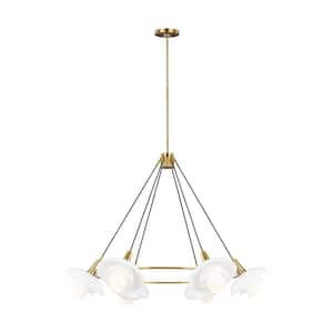 Rossie 6-Light Burnished Brass Modern Hanging Wagon Wheel Chandelier with White Glass Shades