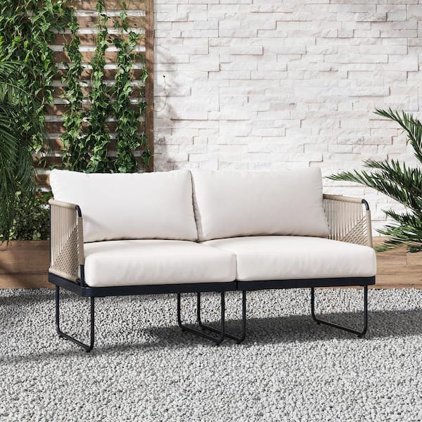 Nathan James Isla 1-Piece Matte Black Metal Frame Outdoor Loveseat with White Cream Cushion