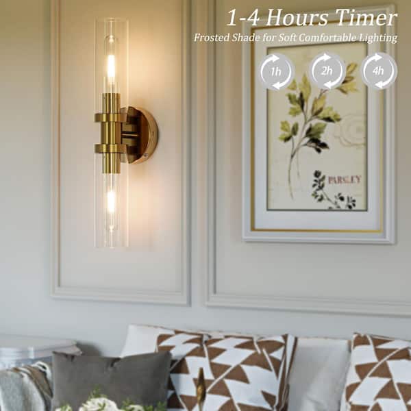 16.5 in. 2-Light Brushed Gold Rechargeable Battery Operated Wall Sconce(Set of 2) Luxury Dimmable LED Bedroom Wall Light